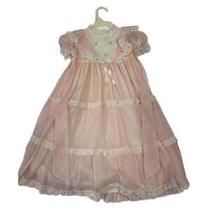 Vintage Bryan Light Pink/White flocked Polka Dot Ruffled Little Girls Dress T3